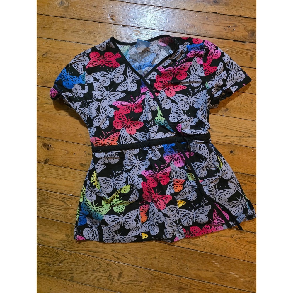 Scrub HQ Butterfly Print Mock Wrap Scrub Top Black Rainbow V-Neck Medical Shirt
